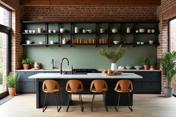 Cuisine et salle à manger design industriel et organique avec îlot en marbre, étagères en acier et décoration artisanale pour un intérieur unique