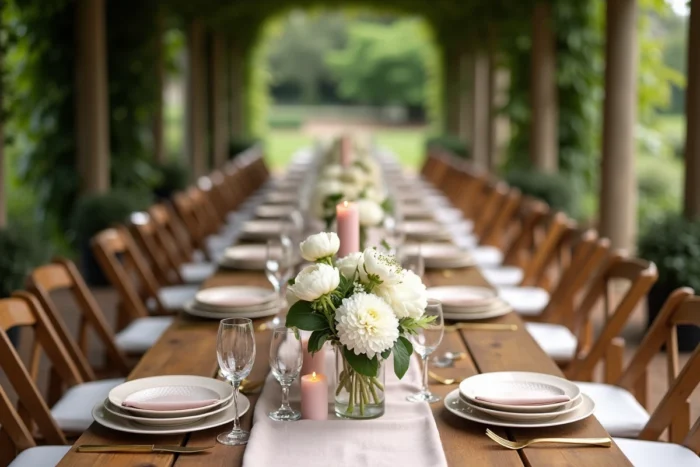 Décoration de table de réception de mariage en plein air avec pivoines, bougies et vaisselle dorée sous une pergola