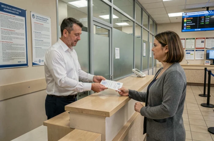 Citoyen déposant un document administratif officiel auprès d'un agent dans une mairie