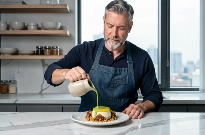 Chef à domicile versant une sauce matcha sur un dessert fusion franco-japonais au yuzu et crumble miso dans une cuisine moderne en marbre blanc