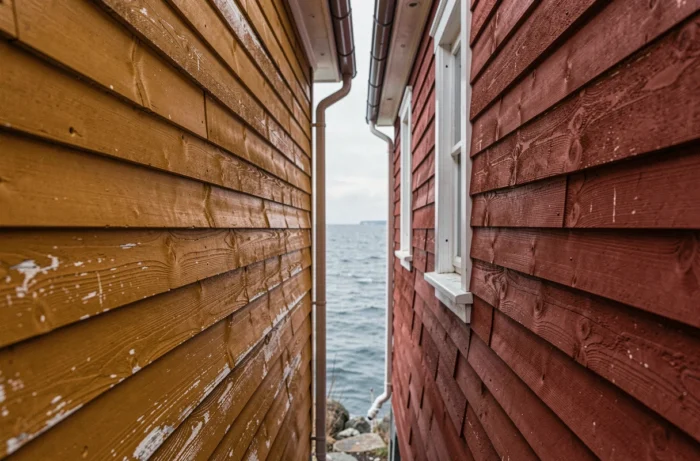 Détail architectural de façades en bois aux peintures jaune ocre et rouge vif de maisons groenlandaises avec texture de bardage vieilli