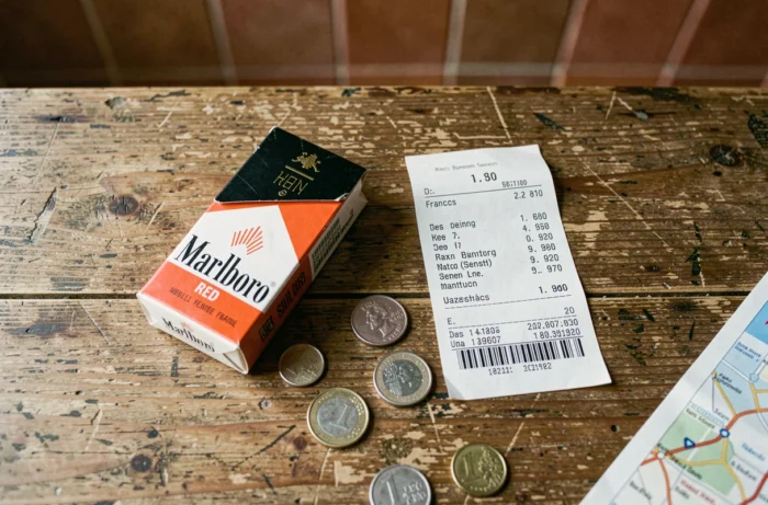 Vue aérienne d'une cartouche Marlboro avec tickets de caisse français et allemand montrant l'écart de prix du tabac en 2026