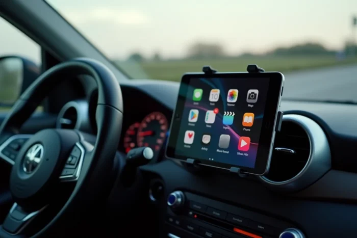 Tablette Android fixée sur une grille d'aération de voiture affichant une interface CarPlay avec icônes d'applications de navigation et musique