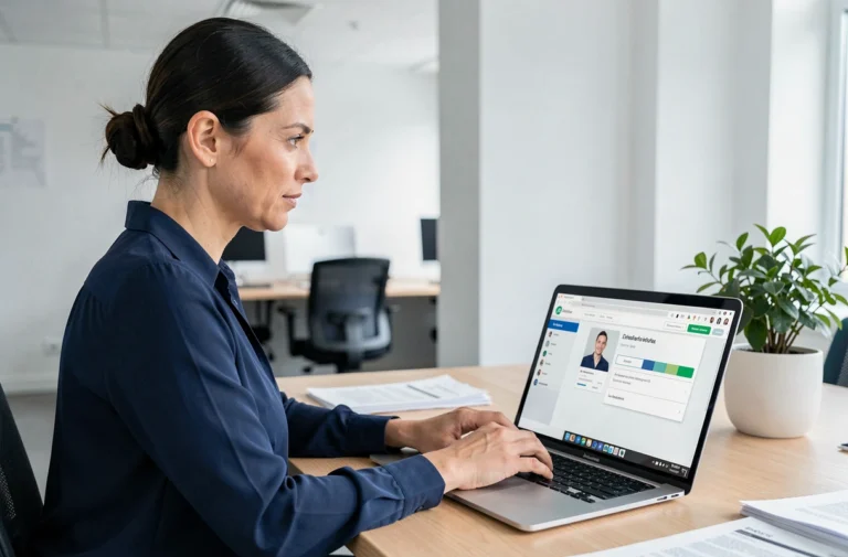 Employée Auchan consultant son espace RH HR4YOU sur un ordinateur portable au bureau