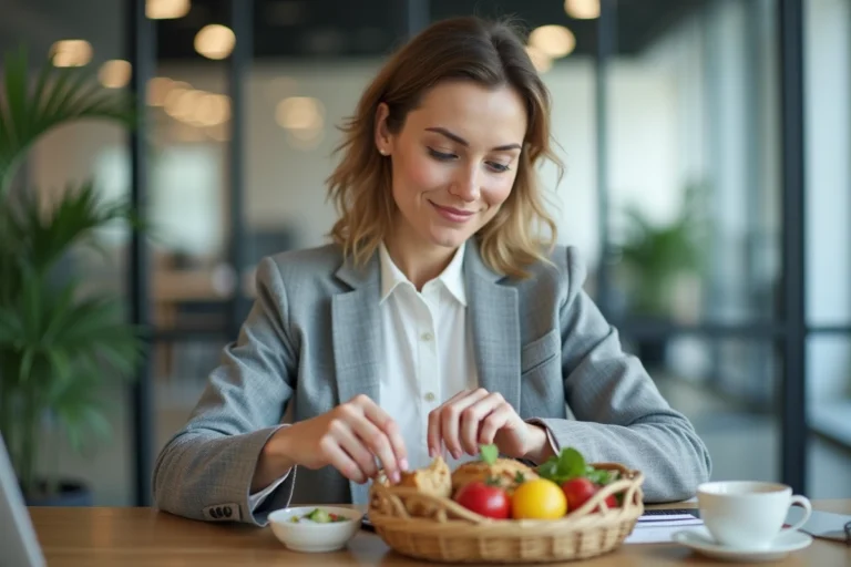 Employée de bureau ouvrant son panier repas fourni par l'entreprise à son poste de travail