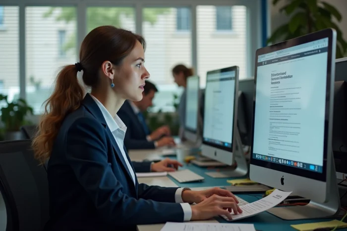 Employée RATP consultant en ligne les avantages du CE et CSE2 RDS sur son poste informatique au bureau