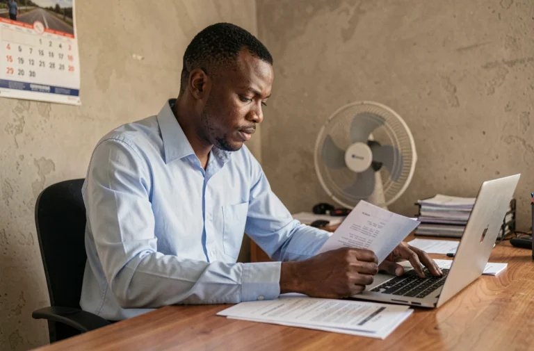 Un employé sénégalais en chemise bleue analyse des documents de salaire sur son bureau à Dakar