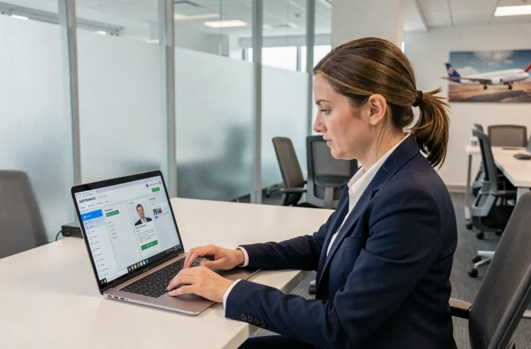 Employée Air France en uniforme consultant le portail intranet IPN sur son ordinateur portable dans un bureau moderne