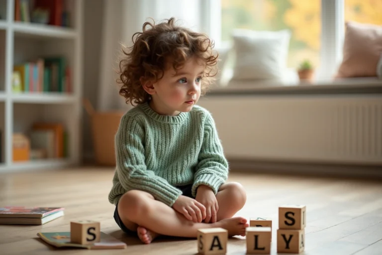 Enfant aux cheveux bouclés assis sur un parquet en bois entouré de cubes alphabet illustrant le prénom Sacha