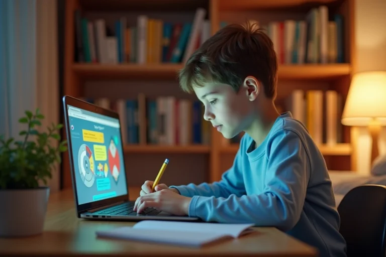 Enfant concentré faisant du soutien scolaire en ligne sur un ordinateur portable dans sa chambre