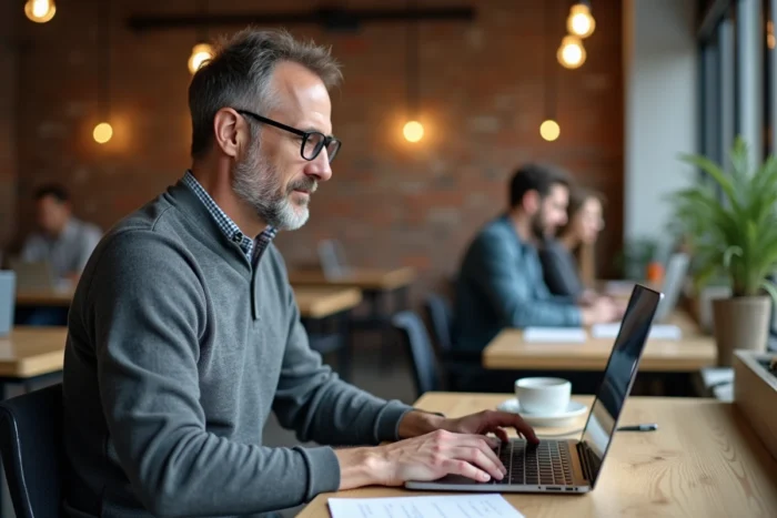 Entrepreneur consultant travaillant sur un devis en ligne dans un espace coworking