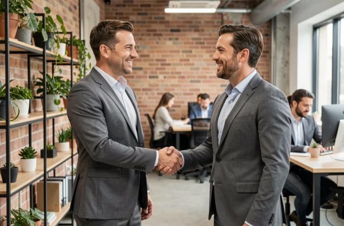 Entrepreneur serrant la main d'un partenaire commercial dans un espace coworking moderne, symbolisant une collaboration B2B réussie