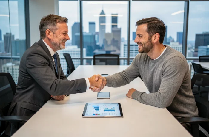 Deux entrepreneurs signant un accord grâce à une mise en relation facilitée par une plateforme numérique professionnelle