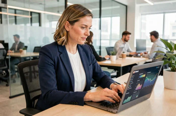 Entrepreneuse utilisant une plateforme de rapprochement professionnel sur ordinateur portable dans un espace de coworking moderne