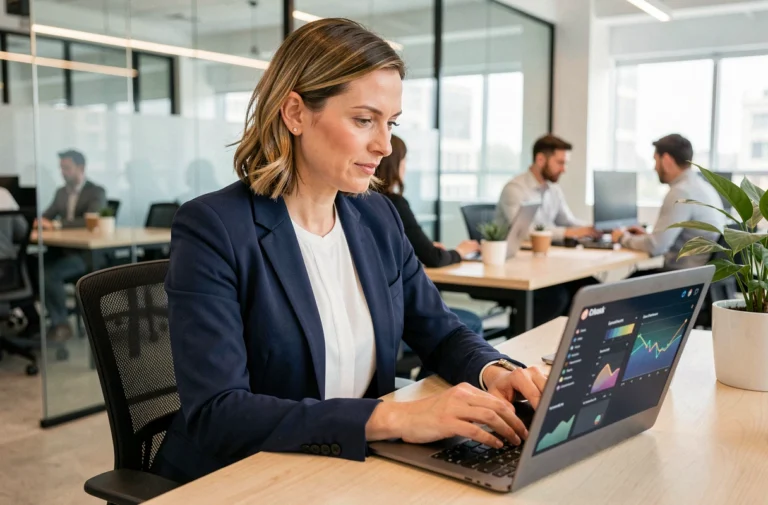 Entrepreneuse utilisant une plateforme de rapprochement professionnel sur ordinateur portable dans un espace de coworking moderne