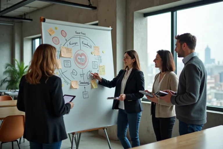 Équipe de professionnels analysant des processus d'amélioration continue autour d'un tableau blanc en entreprise