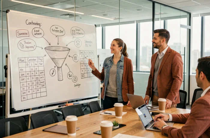 Équipe marketing collaborant sur une stratégie digitale 2024 devant un tableau blanc en salle de réunion