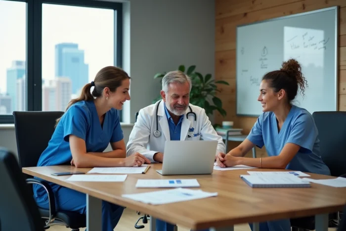 Équipe de professionnels de santé en réunion collaborative dans un espace de travail médical moderne
