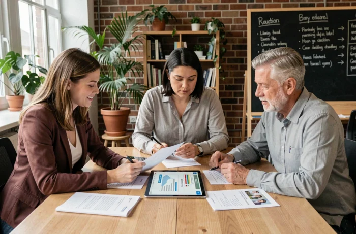 Équipe de recruteurs collaborant autour d'une table dans un espace de coworking à Bâle