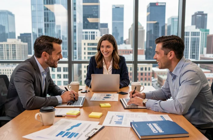 Équipe professionnelle en réunion stratégique autour d'une table de conférence pour développer leur entreprise avec des solutions B2B