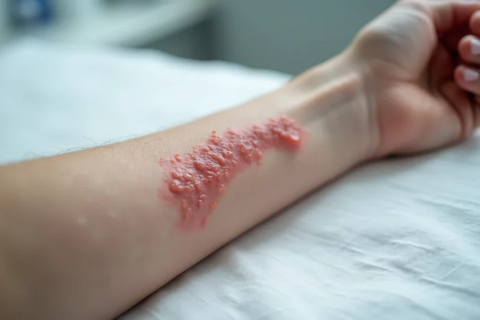 Gros plan sur une éruption vésiculeuse de zona sur l'avant-bras d'une personne âgée, montrant la distribution dermatomale caractéristique