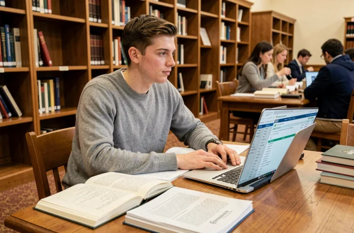 Étudiant en droit étudiant les caractéristiques des actes administratifs dans une bibliothèque universitaire