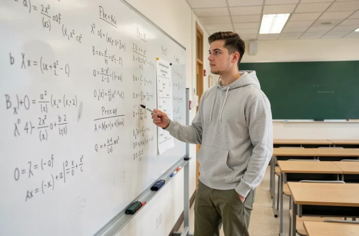 Étudiant en classe préparatoire BCPST devant un tableau blanc avec des équations scientifiques