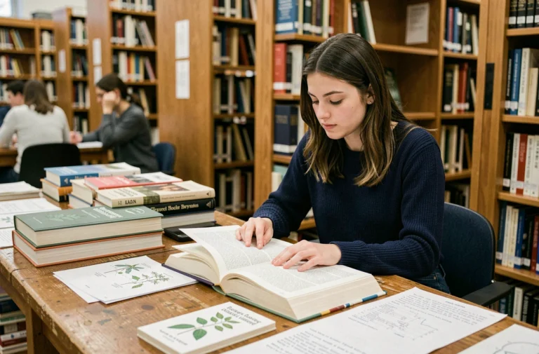Étudiante en prépa BCPST concentrée sur ses révisions de biologie dans une bibliothèque universitaire