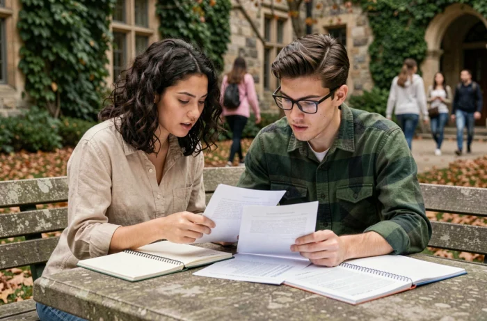 Deux étudiants comparant les classements des prépas BCPST 2026 sur un campus universitaire en automne