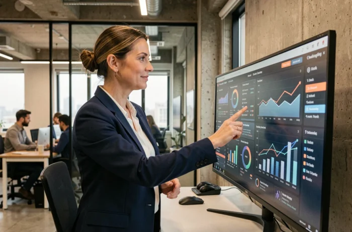 Femme d'affaires analysant des tableaux de bord numériques pour optimiser la performance de son entreprise grâce à des services B2B