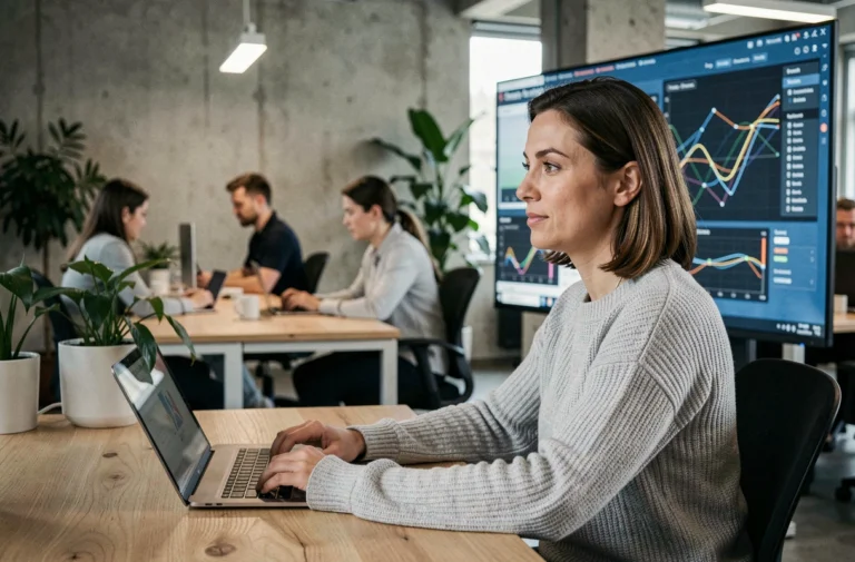 Femme analysant un tableau de bord numérique complexe dans un bureau moderne en 2024