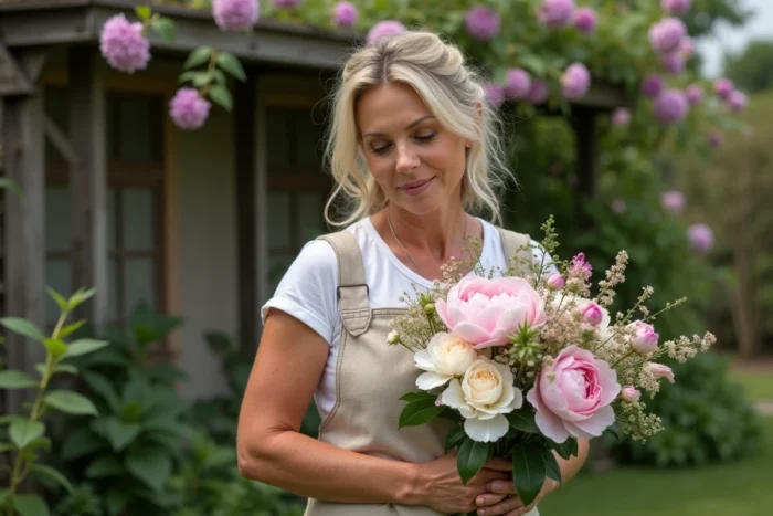 Femme tenant un bouquet de pivoines et de fleurs sauvages dans un jardin de cottage