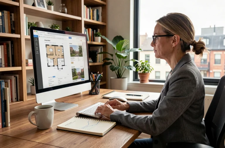 Femme professionnelle consultant des annonces immobilières en ligne depuis son bureau à domicile