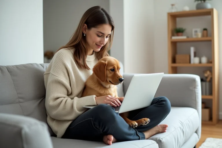 Femme tenant un chiot golden retriever sur ses genoux tout en consultant une assurance animale sur son ordinateur portable