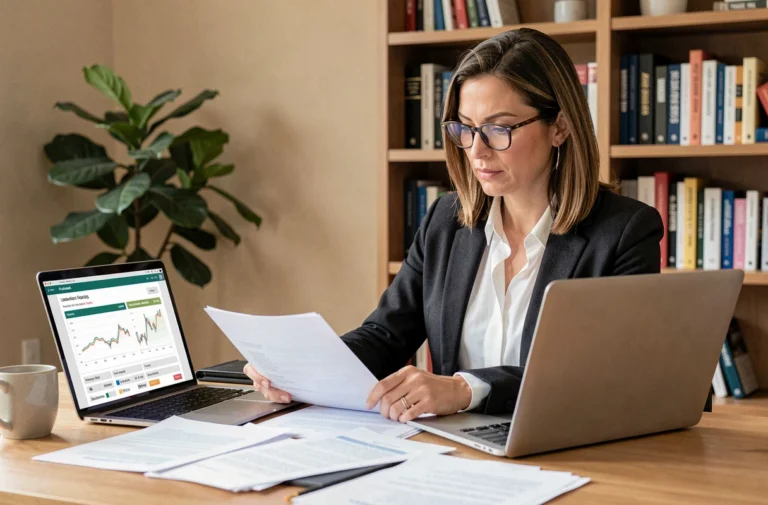 Femme en blazer sombre comparant des solutions de crédit sur un bureau à domicile avec des documents financiers et un ordinateur portable