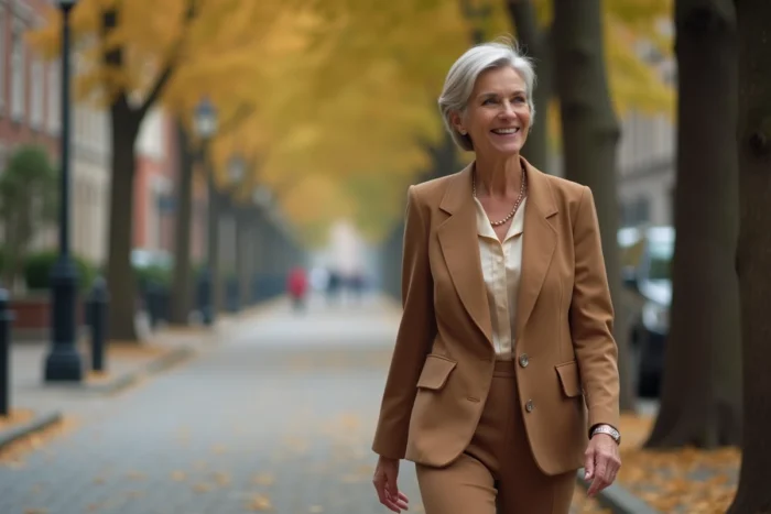 Femme élégante de 60 ans marchant avec assurance dans une rue pavée en automne, style sophistiqué