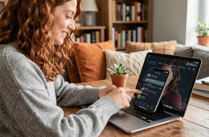Femme configurant la voix Dark Vador sur Waze depuis son smartphone chez elle