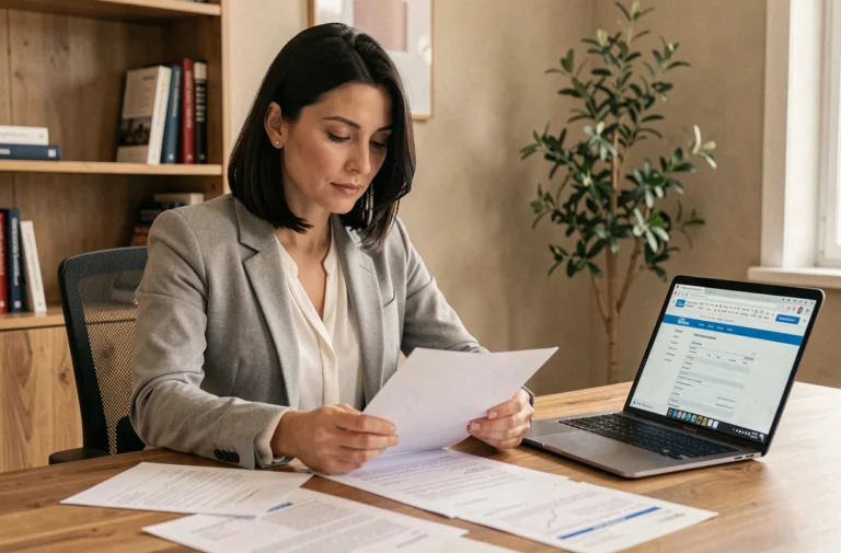 Femme consultant des documents de crédit et un ordinateur portable dans un bureau à domicile moderne