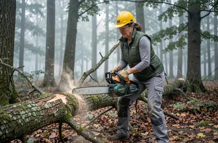 Femme équipée de protections individuelles utilisant une tronçonneuse Ryobi sans fil pour couper une branche en forêt