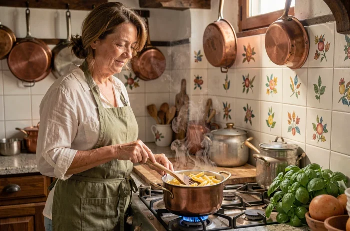 Femme italienne d'âge moyen en tablier de lin faisant cuire des pâtes Rummo penne dans une grande casserole sur une cuisinière à gaz vintage dans une cuisine traditionnelle italienne