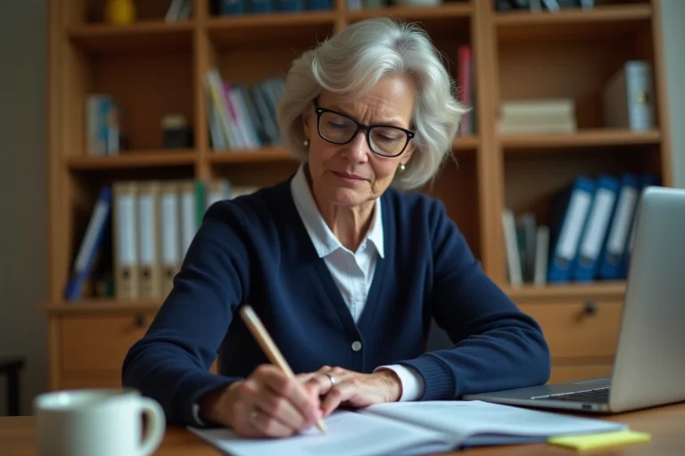 Une femme d'une quarantaine d'années suit un tutoriel imprimé tout en utilisant le logiciel Philia ADMR sur son ordinateur portable dans un bureau à domicile ordonné