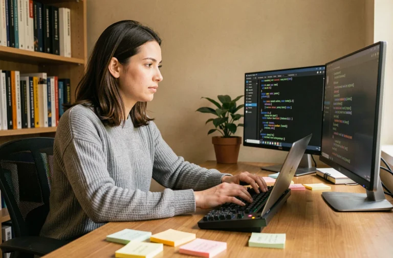 Femme développeuse travaillant sur un ordinateur portable dans un bureau à domicile avec du code affiché à l'écran