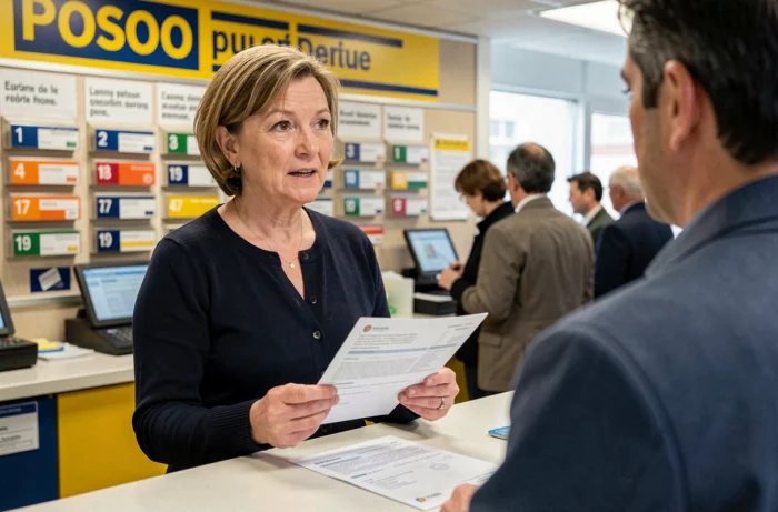Femme déposant un dossier ANTS au guichet d'un bureau de poste en France