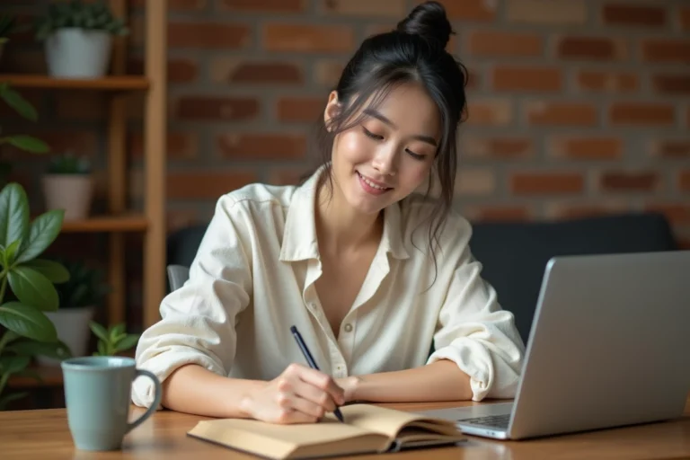 Jeune femme écrivant dans un journal dans un bureau cosy pour son blog lifestyle