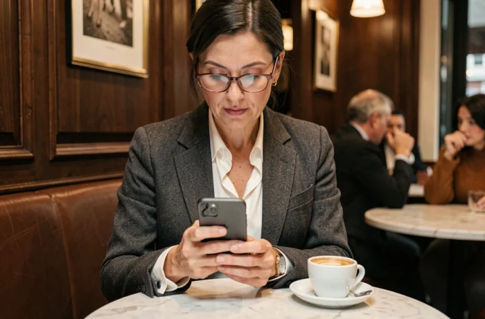 Femme élégante consultant la carte du site Mode by S sur smartphone dans un café parisien