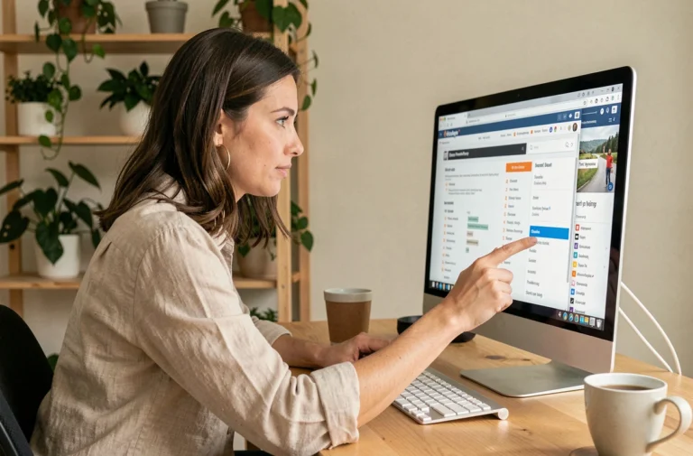 Femme explorant un plan de site web sur un grand écran dans un bureau à domicile naturel et organisé