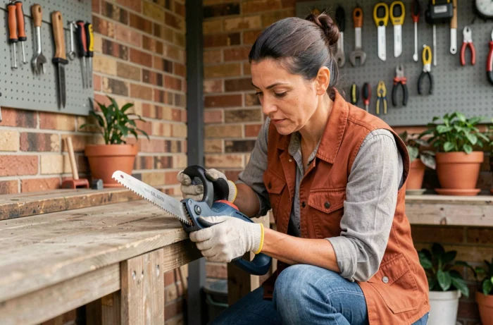 Femme inspectant la lame d'une élagueuse électrique compacte sur un établi d'atelier de jardinage en extérieur