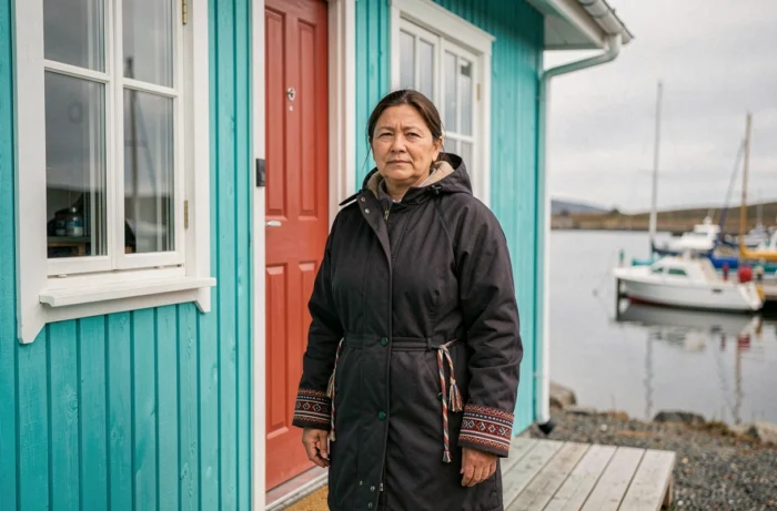 Femme inuit en anorak traditionnel devant une maison turquoise colorée typique du Groenland avec vue sur le port