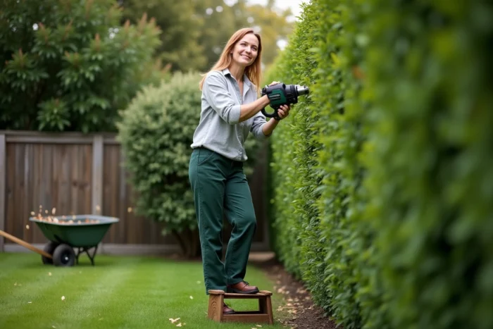 Femme jardinière utilisant une taille-haie électrique pour sculpter le sommet d'une grande haie de hêtres dans un jardin de banlieue