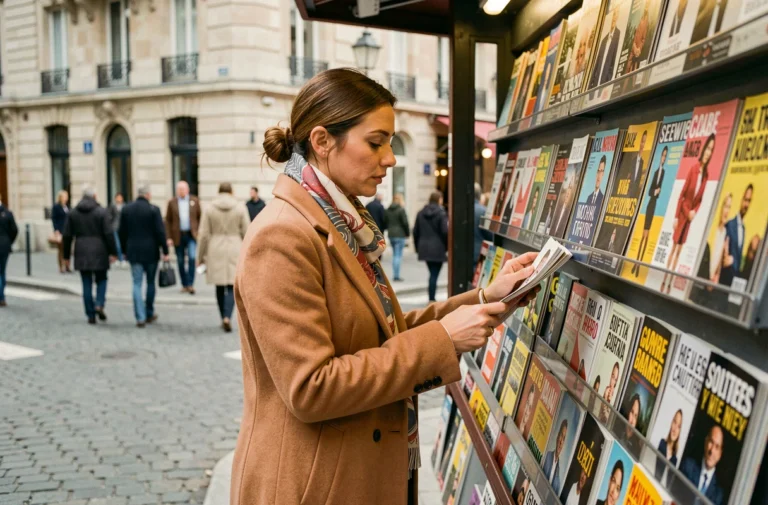 Femme parisienne parcourant des magazines à un kiosque urbain, ambiance culturelle et tendances de la semaine